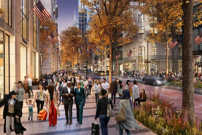 A rendering shows the city's plan to transform Fifth Avenue into "a safer, less congested, pedestrian-centered boulevard."
